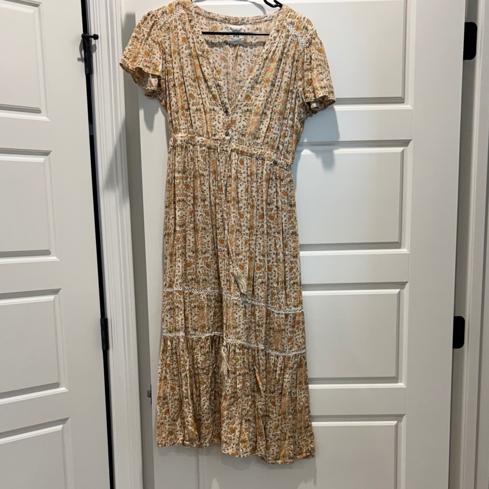 Cotton Rye Floral Half Button Up Tie Waist Midi Dress in Yellow Cream and Green